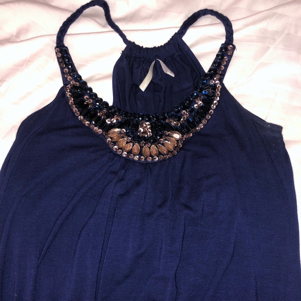 Blinged Neck Navy Blue Tank